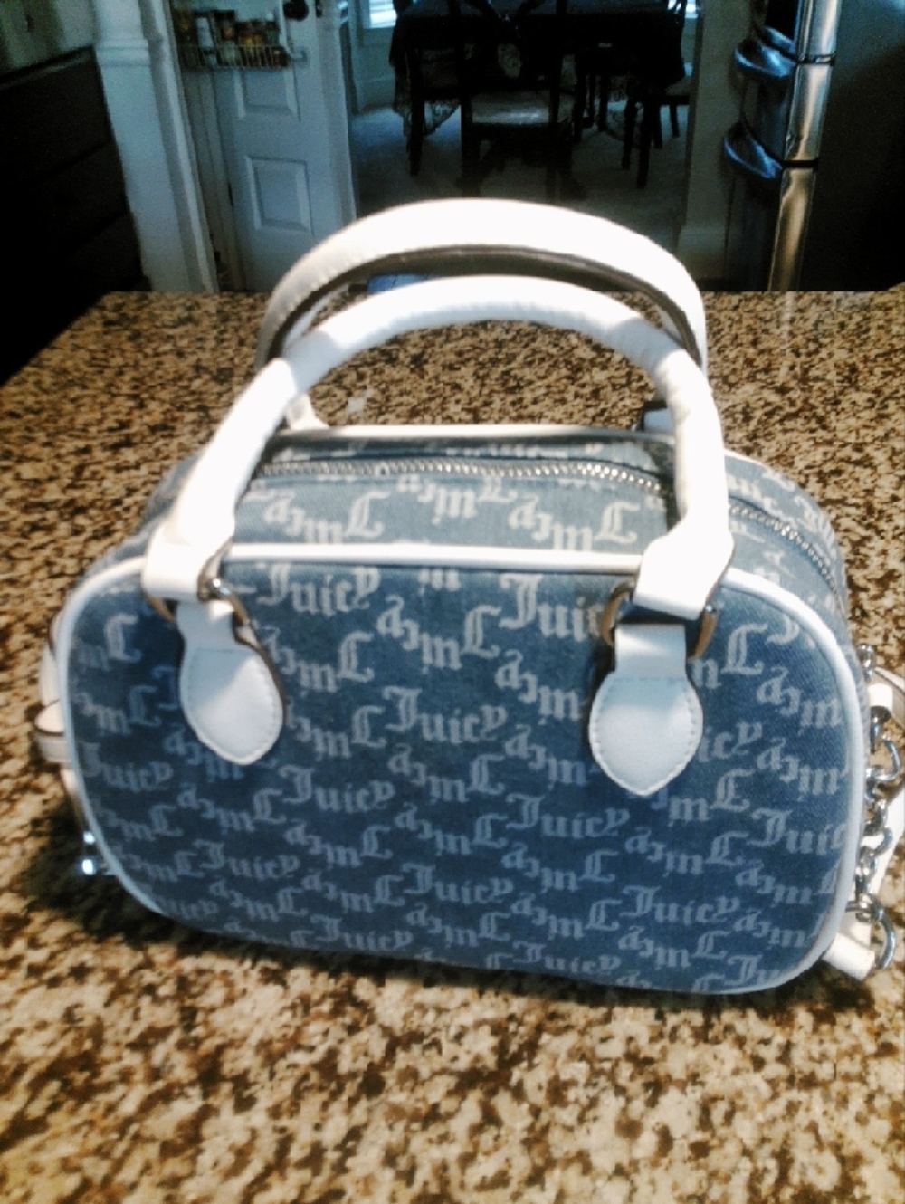Juicy Couture Blue Logo Mini Dome Satchel with White Trim and Heart Charm - Picture 2 of 4